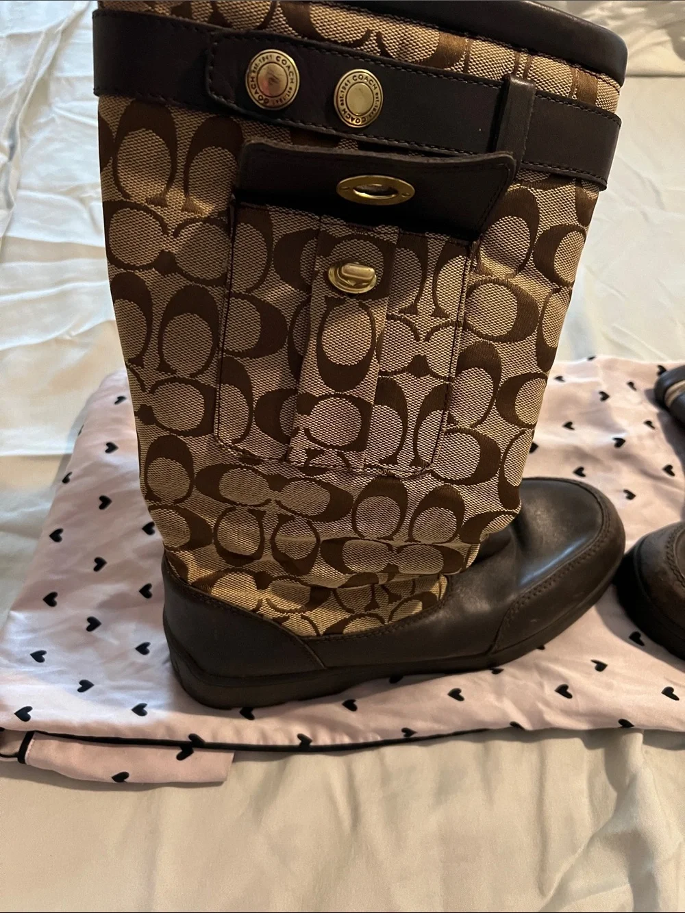 Coach Brown Signature Monogram Tall Boots with Gold Hardware